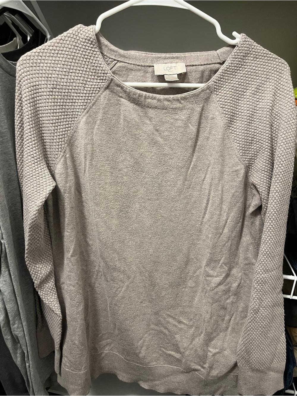 LOFT Taupe Textured Raglan Sleeve Crewneck Sweater